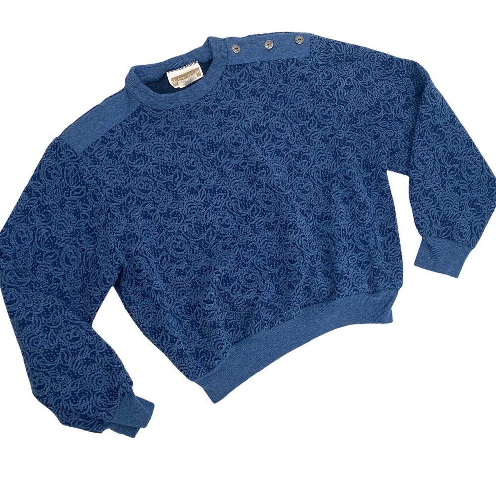 VTG 80s Blue Paisley Sweater Womens L Cropped Shoulder Button Pullover Knit